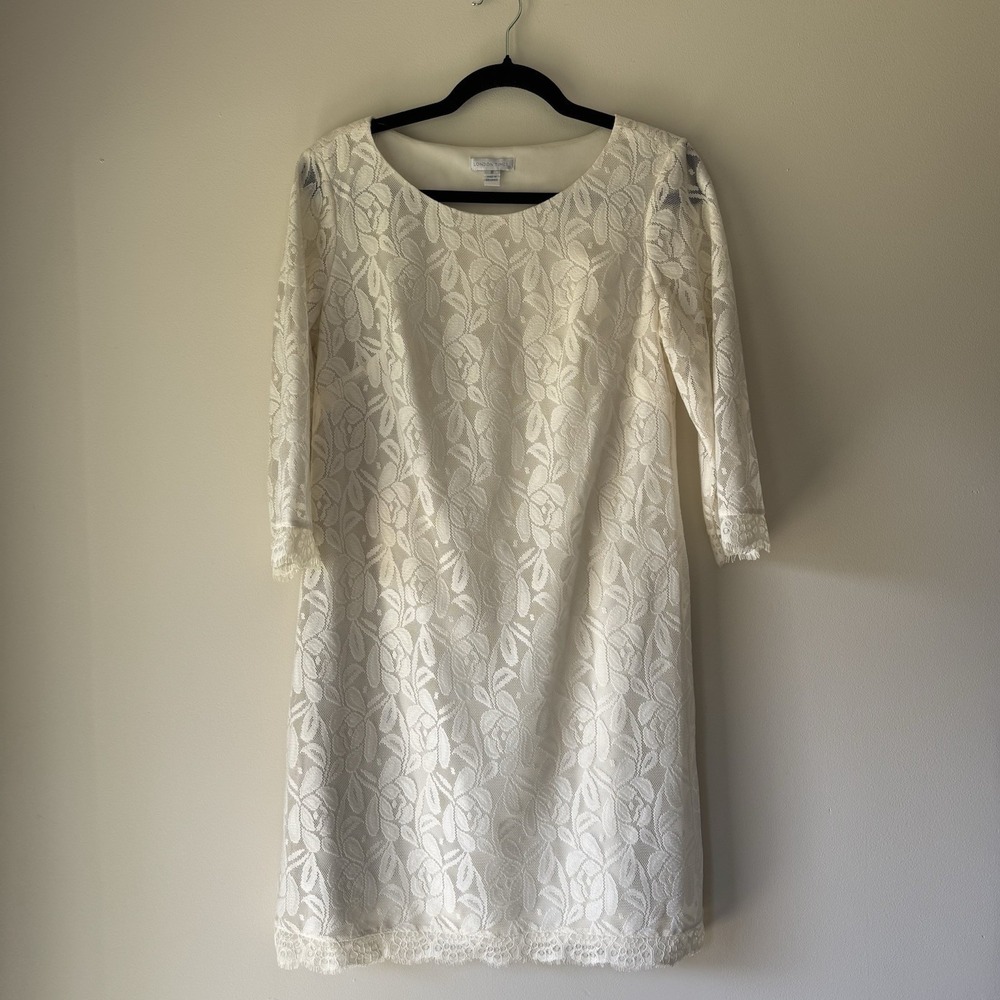 London Times Cream White Floral Lace Shift Dress Size 8 3/4 Sleeve Bridal Shower